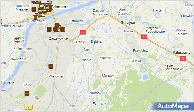 mapa Sokolniki gmina Gorzyce, Sokolniki gmina Gorzyce na mapie Targeo