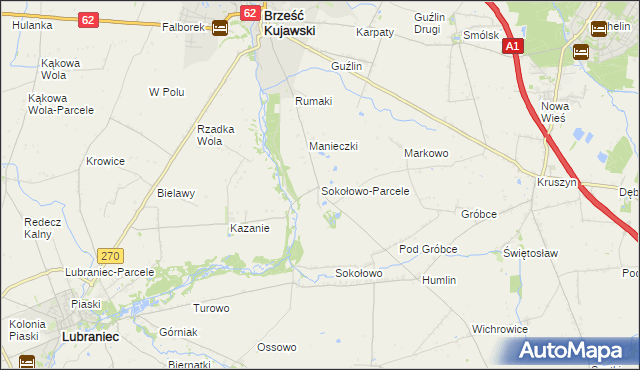 mapa Sokołowo-Parcele gmina Brześć Kujawski, Sokołowo-Parcele gmina Brześć Kujawski na mapie Targeo