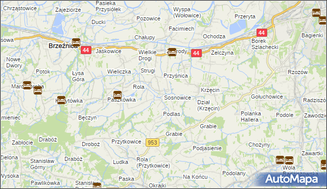 mapa Sosnowice gmina Brzeźnica, Sosnowice gmina Brzeźnica na mapie Targeo