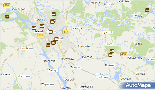 mapa Sosnowiec gmina Śrem, Sosnowiec gmina Śrem na mapie Targeo