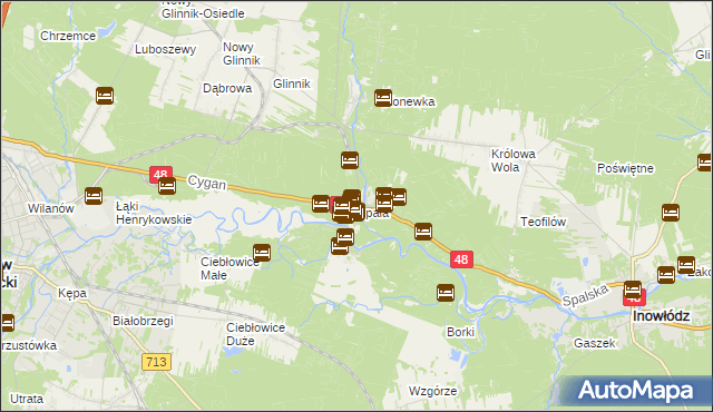 mapa Spała gmina Inowłódz, Spała gmina Inowłódz na mapie Targeo