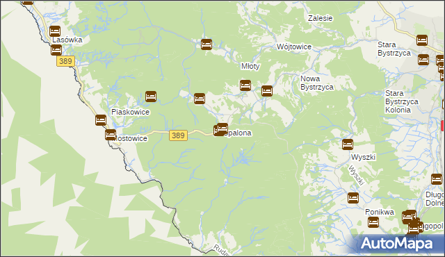 mapa Spalona gmina Bystrzyca Kłodzka, Spalona gmina Bystrzyca Kłodzka na mapie Targeo