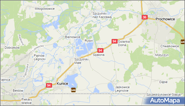 mapa Spalona gmina Kunice, Spalona gmina Kunice na mapie Targeo