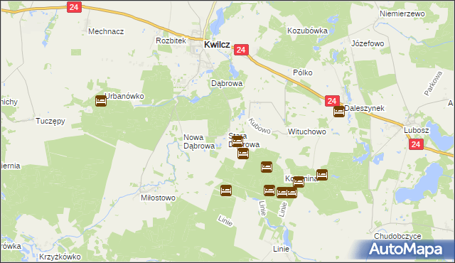 mapa Stara Dąbrowa gmina Kwilcz, Stara Dąbrowa gmina Kwilcz na mapie Targeo