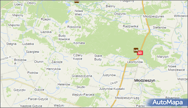 mapa Stare Budy gmina Młodzieszyn, Stare Budy gmina Młodzieszyn na mapie Targeo