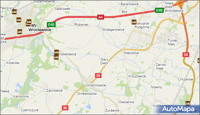 mapa Stary Dwór gmina Kąty Wrocławskie, Stary Dwór gmina Kąty Wrocławskie na mapie Targeo