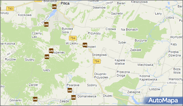 mapa Strzegowa gmina Wolbrom, Strzegowa gmina Wolbrom na mapie Targeo