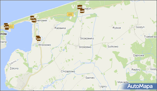 mapa Strzeżewo gmina Kamień Pomorski, Strzeżewo gmina Kamień Pomorski na mapie Targeo
