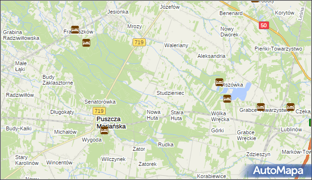 mapa Studzieniec gmina Puszcza Mariańska, Studzieniec gmina Puszcza Mariańska na mapie Targeo