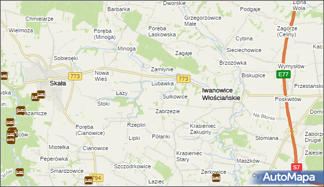 mapa Sułkowice gmina Iwanowice, Sułkowice gmina Iwanowice na mapie Targeo