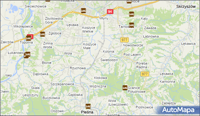 mapa Świebodzin gmina Pleśna, Świebodzin gmina Pleśna na mapie Targeo
