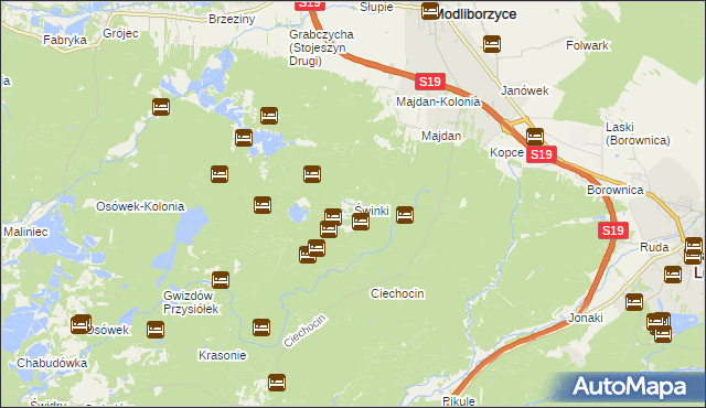 mapa Świnki gmina Modliborzyce, Świnki gmina Modliborzyce na mapie Targeo