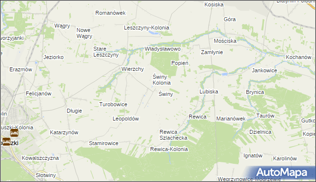 mapa Świny gmina Koluszki, Świny gmina Koluszki na mapie Targeo