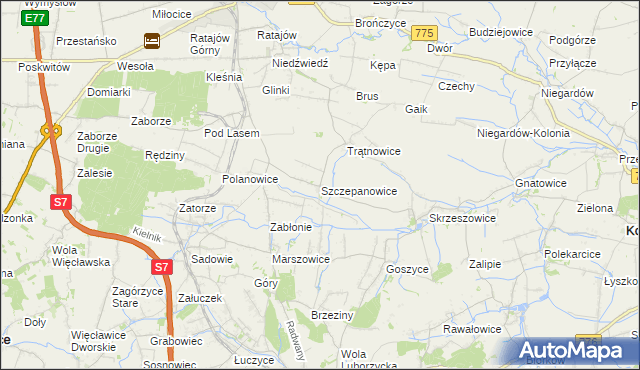 mapa Szczepanowice gmina Słomniki, Szczepanowice gmina Słomniki na mapie Targeo
