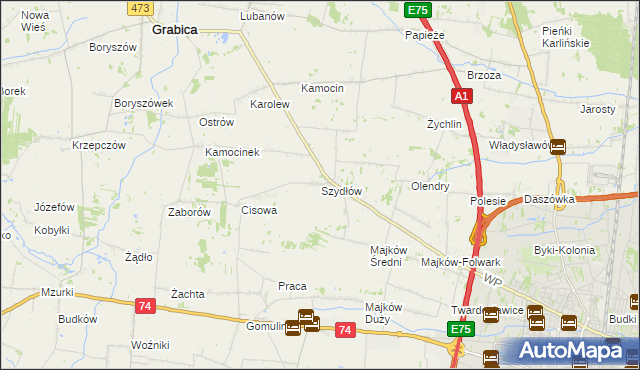 mapa Szydłów gmina Grabica, Szydłów gmina Grabica na mapie Targeo