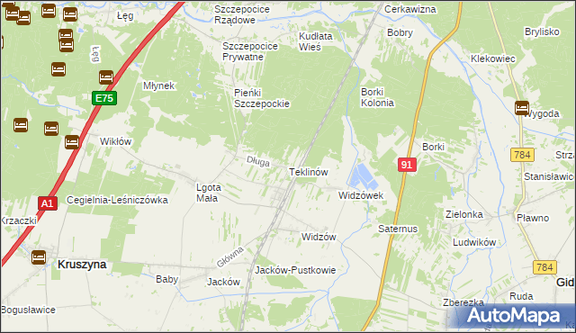 mapa Teklinów gmina Kruszyna, Teklinów gmina Kruszyna na mapie Targeo