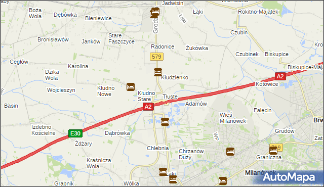 mapa Tłuste gmina Grodzisk Mazowiecki, Tłuste gmina Grodzisk Mazowiecki na mapie Targeo