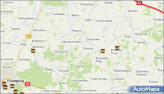 mapa Tobolice gmina Dalików, Tobolice gmina Dalików na mapie Targeo
