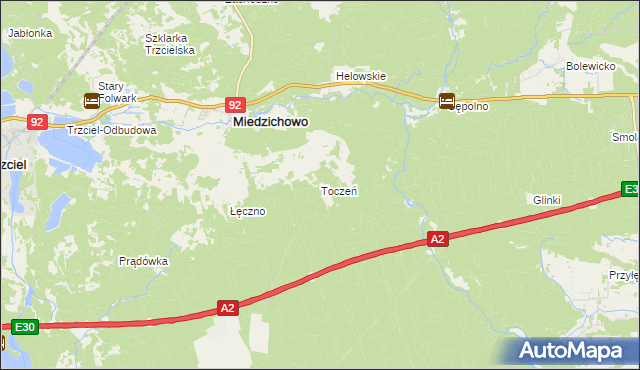 mapa Toczeń gmina Miedzichowo, Toczeń gmina Miedzichowo na mapie Targeo
