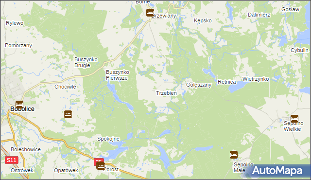 mapa Trzebień gmina Bobolice, Trzebień gmina Bobolice na mapie Targeo