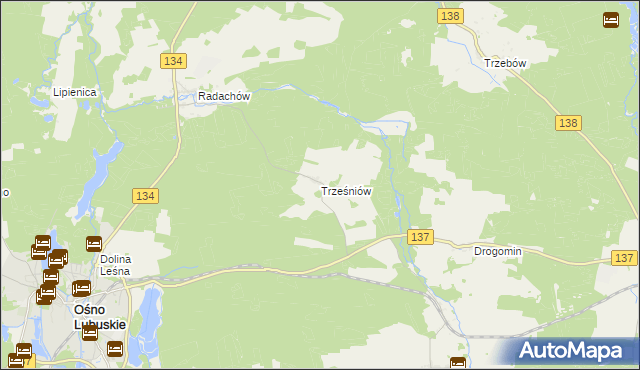 mapa Trześniów gmina Ośno Lubuskie, Trześniów gmina Ośno Lubuskie na mapie Targeo