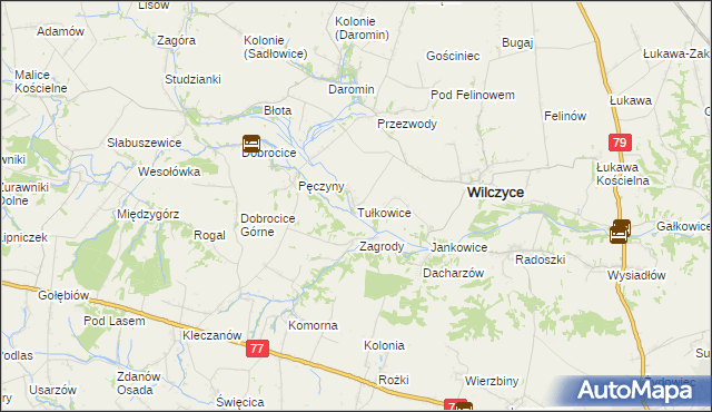 mapa Tułkowice gmina Wilczyce, Tułkowice gmina Wilczyce na mapie Targeo