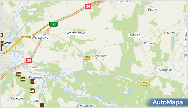 mapa Tychowo gmina Sławno, Tychowo gmina Sławno na mapie Targeo