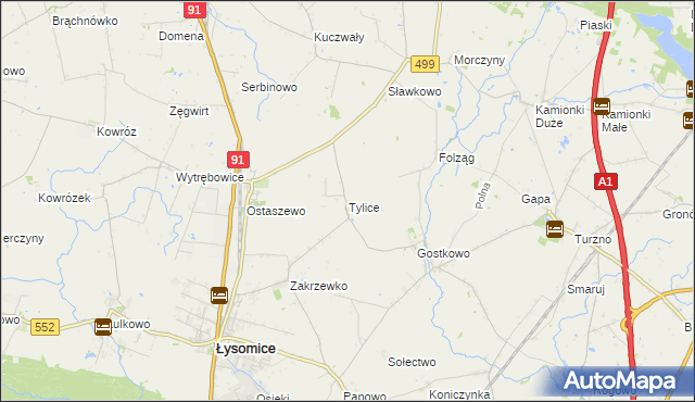 mapa Tylice gmina Łysomice, Tylice gmina Łysomice na mapie Targeo