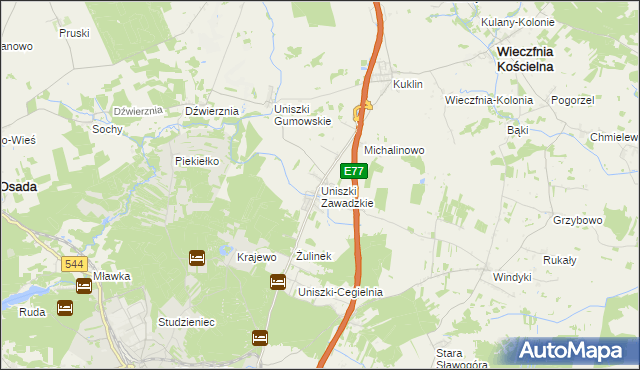 mapa Uniszki Zawadzkie, Uniszki Zawadzkie na mapie Targeo