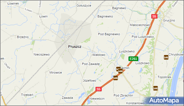 mapa Wałdowo gmina Pruszcz, Wałdowo gmina Pruszcz na mapie Targeo