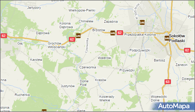 mapa Walerów gmina Sokołów Podlaski, Walerów gmina Sokołów Podlaski na mapie Targeo