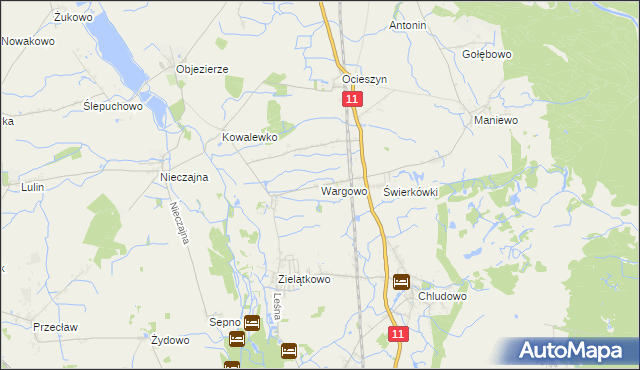mapa Wargowo gmina Oborniki, Wargowo gmina Oborniki na mapie Targeo
