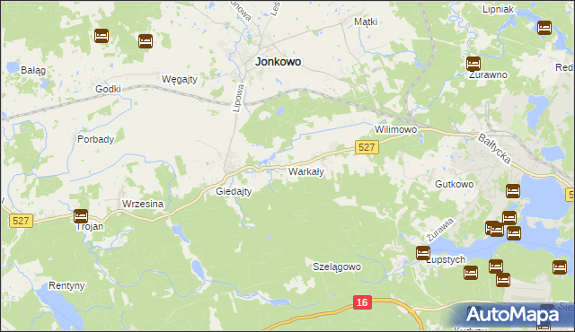 mapa Warkały gmina Jonkowo, Warkały gmina Jonkowo na mapie Targeo