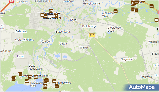 mapa Wąwał gmina Tomaszów Mazowiecki, Wąwał gmina Tomaszów Mazowiecki na mapie Targeo