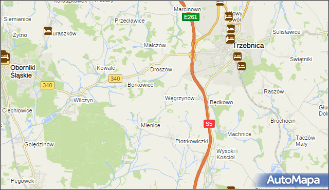 mapa Węgrzynów gmina Trzebnica, Węgrzynów gmina Trzebnica na mapie Targeo