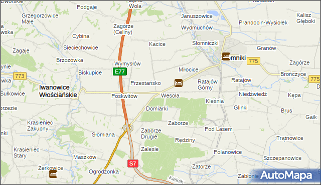 mapa Wesoła gmina Słomniki, Wesoła gmina Słomniki na mapie Targeo