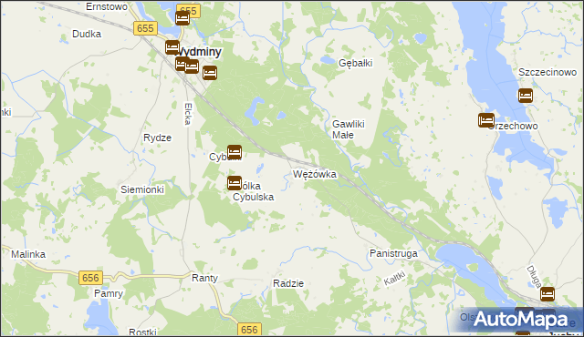 mapa Wężówka gmina Wydminy, Wężówka gmina Wydminy na mapie Targeo