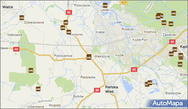 mapa Większyce, Większyce na mapie Targeo