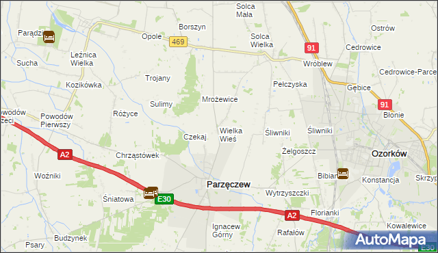 mapa Wielka Wieś gmina Parzęczew, Wielka Wieś gmina Parzęczew na mapie Targeo