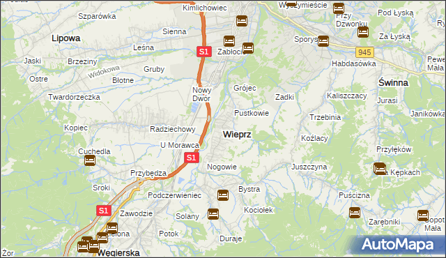 mapa Wieprz gmina Radziechowy-Wieprz, Wieprz gmina Radziechowy-Wieprz na mapie Targeo
