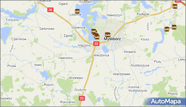 mapa Wierzbnica gmina Myślibórz, Wierzbnica gmina Myślibórz na mapie Targeo