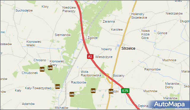 mapa Wieszczyce gmina Strzelce, Wieszczyce gmina Strzelce na mapie Targeo