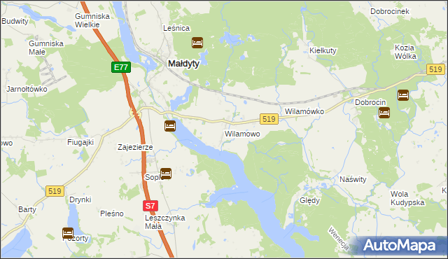 mapa Wilamowo gmina Małdyty, Wilamowo gmina Małdyty na mapie Targeo