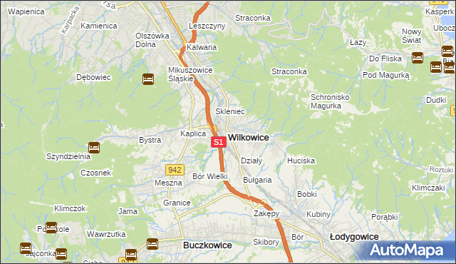 mapa Wilkowice powiat bielski, Wilkowice powiat bielski na mapie Targeo