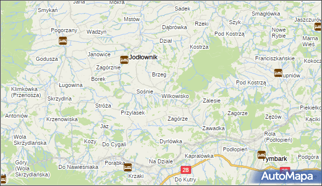 mapa Wilkowisko gmina Jodłownik, Wilkowisko gmina Jodłownik na mapie Targeo