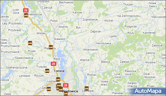 mapa Witanowice gmina Tomice, Witanowice gmina Tomice na mapie Targeo