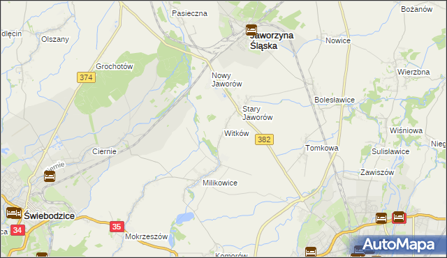 mapa Witków gmina Jaworzyna Śląska, Witków gmina Jaworzyna Śląska na mapie Targeo