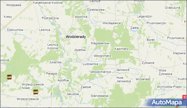 mapa Włodzimierz gmina Wodzierady, Włodzimierz gmina Wodzierady na mapie Targeo