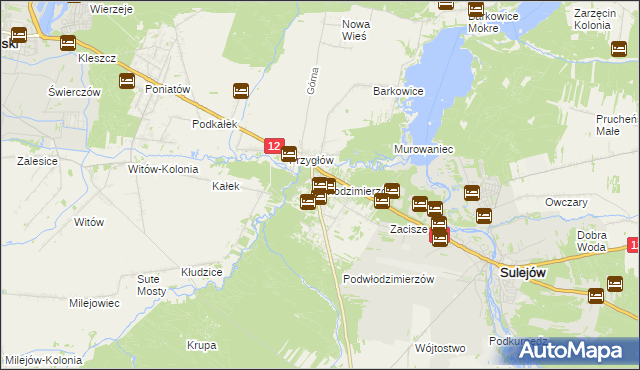 mapa Włodzimierzów gmina Sulejów, Włodzimierzów gmina Sulejów na mapie Targeo