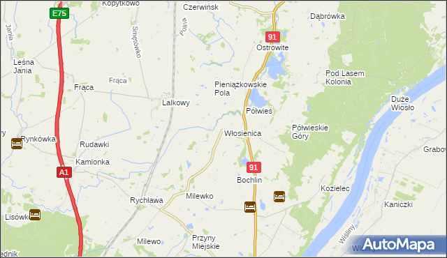 mapa Włosienica gmina Gniew, Włosienica gmina Gniew na mapie Targeo